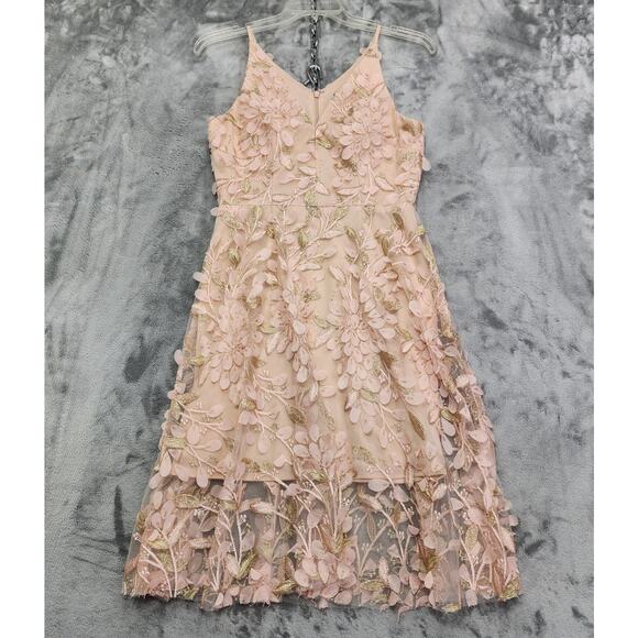XSCAPE Dress Womens 10 Pink 3D Floral Beaded Appliqué Midi Fit Flare V-Neck Back - Picture 1 of 8